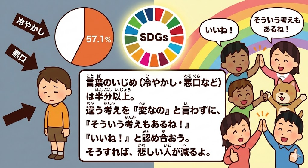 SDGsのいじめ防止啓発イラスト。言葉によるいじめの割合を示すグラフと、違いを認め合い笑顔でハイタッチする小学生たち。