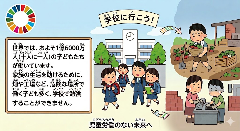 SDGs�̎����J�������������C���X�g�B�Ί�Ŋw�Z�֒ʂ����w���ƁA����H��ŉߍ��ȘJ��������q�ǂ������̎p��Δ䂵�ĕ`���Ă��܂��B