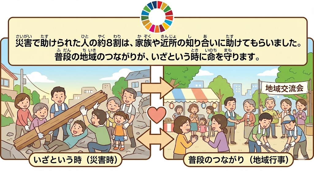 �ЊQ���̋~����8���͋ߏ��̐l�ɂ����̂Ɗw�ԏ��w������SDGs�C���X�g�B���i�̒n��𗬂������Ƃ������ɖ�����邱�Ƃ�\���B