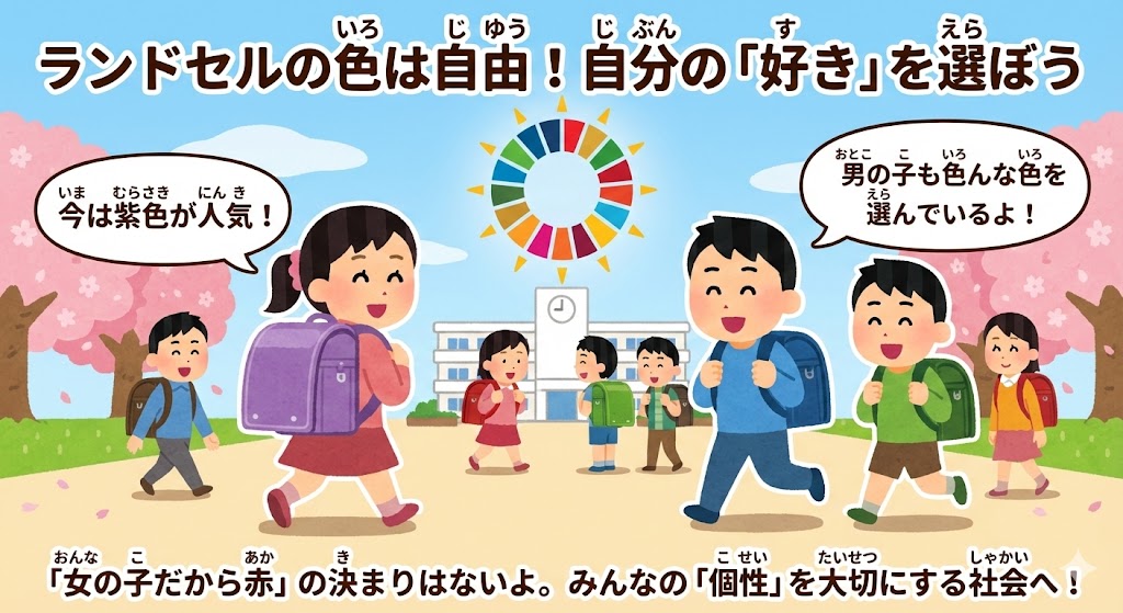 SDGsを学ぶ小学生向けイラスト。紫や緑など、好きな色のランドセルを自由に選んで笑顔で登校する子どもたちを描き、個性を大切にする社会を表現しています。