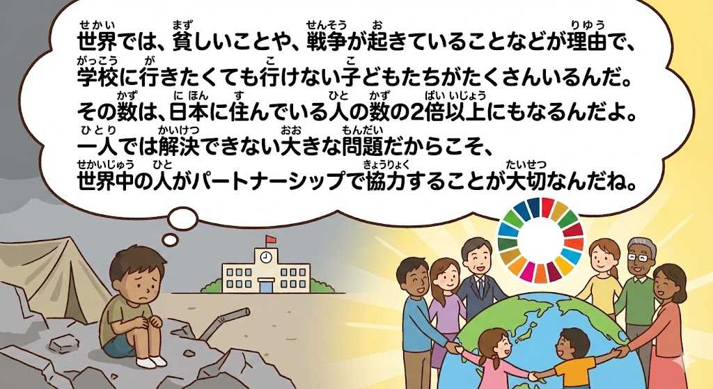 �n����푈�Ŋw�Z�ɍs���Ȃ��q���ƁA�����Ɍ��������E�̋��͂�`����SDGs�C���X�g�B���w���Ƀp�[�g�i�[�V�b�v�̑�؂���`����摜�B