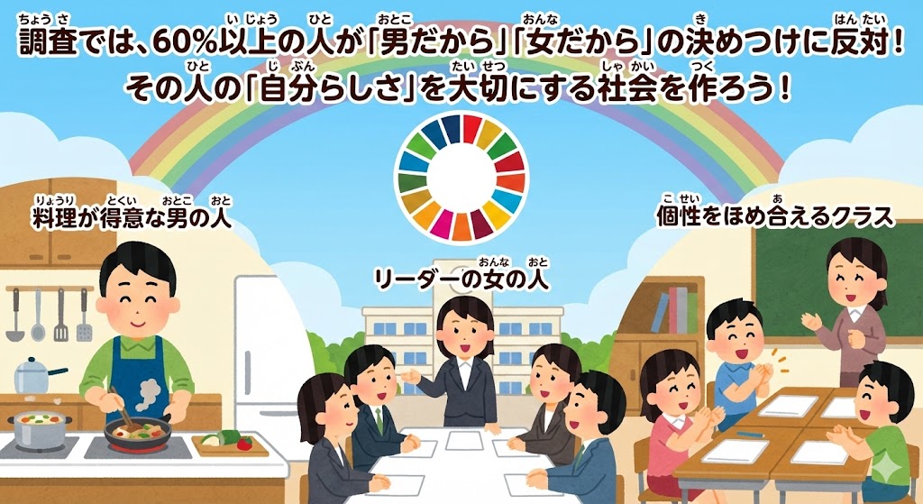 SDGsを学ぶ小学生向けイラスト。「男だから」「女だから」の決めつけをなくし、料理する男性やリーダーの女性、個性をほめ合うクラスを描いています。