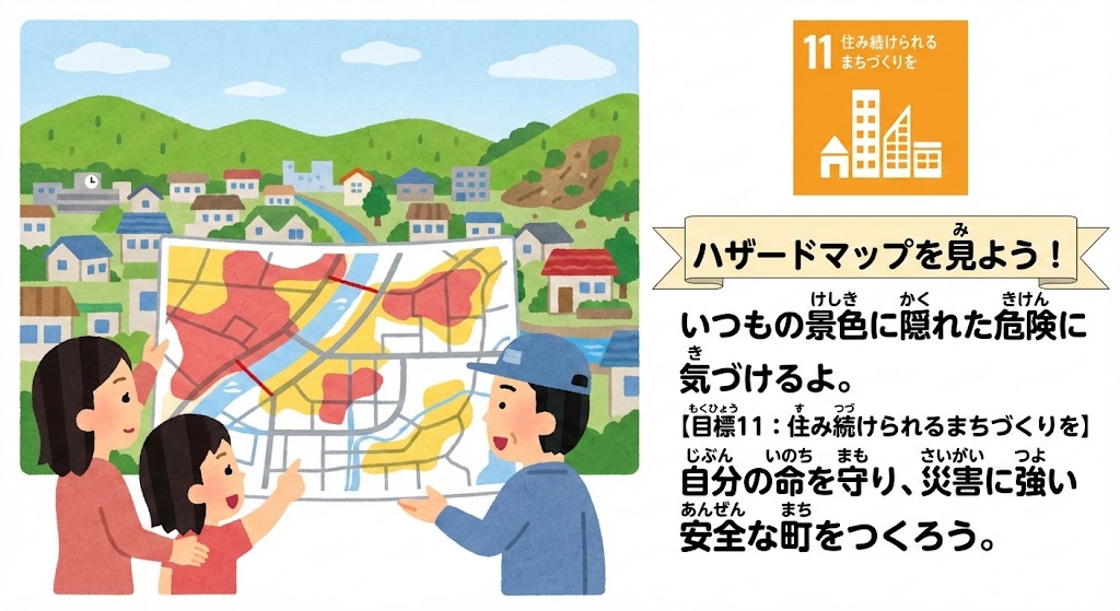 SDGs�ڕW11�u�Z�ݑ�������܂��Â�����v�̃C���X�g�B�n�U�[�h�}�b�v�����Ċ댯�ȏꏊ���m�F����e�q�B���w�������̕�����₷���f�U�C���B