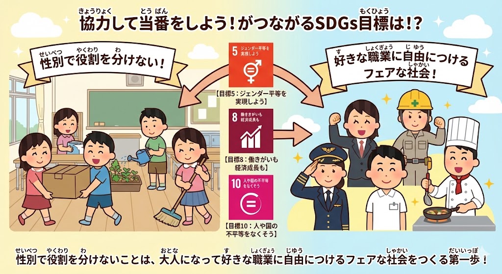 SDGs目標5・8・10を学ぶ小学生向けイラスト。男女で協力して教室の当番をする様子と、将来パイロットや看護師など好きな職業を自由に選んで働く大人たちを描いています。