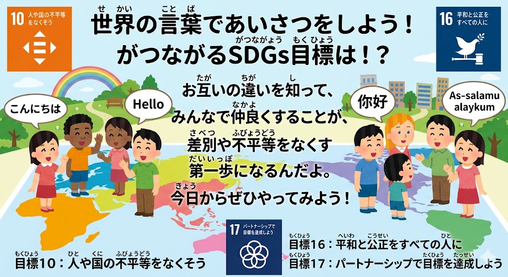 SDGs�̖ڕW10�E16�E17��w�i�ɁA���E�n�}�̏�ő����Ђȏ��w���������l�X�Ȍ��t�ł����������킵�A�Ⴂ��F�ߍ����p��`�����C���X�g�B