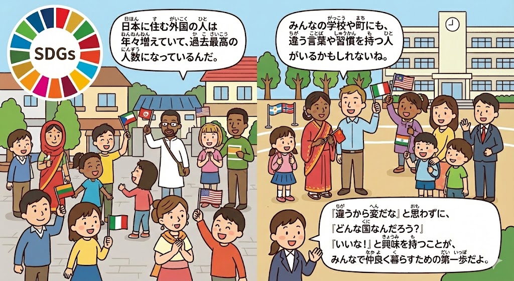 日本に住む外国の人と仲良く交流する小学生たちを描いた、いらすとや風のSDGs解説イラスト。多文化共生と異文化理解の大切さを伝えています。
