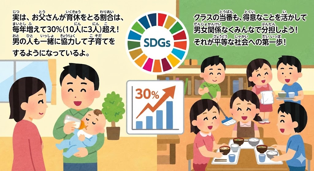 SDGsを学ぶ小学生向けイラスト。男性が育休を取得して子育てする様子と、男女関係なく協力してクラスの当番活動をする子どもたちを描き、ジェンダー平等の大切さを伝えています。