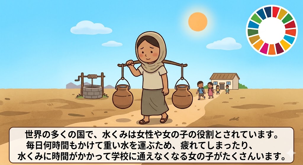 SDGs�̉ۑ��`����C���X�g�ł��B�d�������^�ԏ��̎q�̔w�i�ŁA�w�Z�֌��������w���������`����A�����ݘJ��������̋@���D�������\�����Ă��܂��B