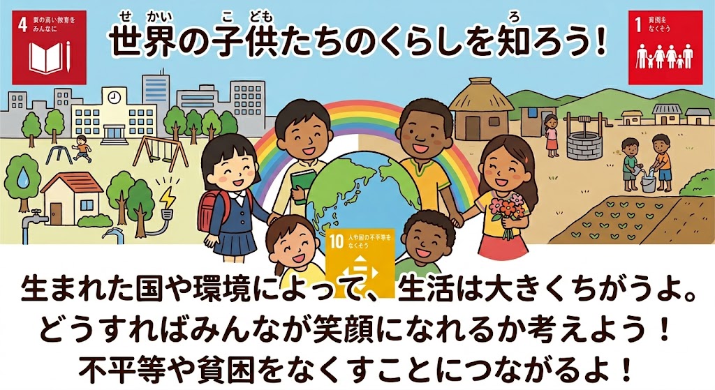 SDGs�ɂ��Ċw�ԏ��w�������̃C���X�g�B�ڕW1�E4�E10���e�[�}�ɁA�n�����͂�Ŏ���Ȃ����E�̎q�ǂ������ƁA�s�s��_���ȂǑ��l�Ȑ�������`�悵�Ă��܂��B