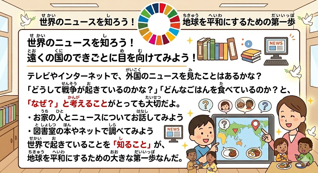 ���E�̃j���[�X�ɖڂ������鏬�w���ƉƑ���`����SDGs�̃C���X�g�B�^�u���b�g�Œ��׊w�K�����ĕ��a�ɂ��čl����l�q�ł��B