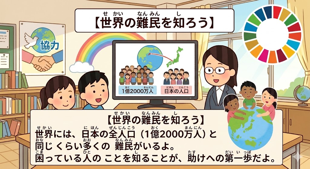 ���E�̓�ɂ��Ċw�ԏ��w���Ɛ搶��`����SDGs�̃C���X�g�B���j�^�[�ɉf���̐l�X��A�x���̗ւ��L����l�q��������Ă��܂��B